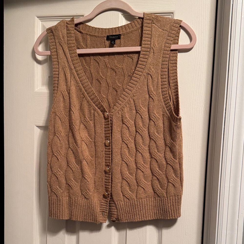 Talbots Tan Cardigan Sweater Timeless Cable Knit